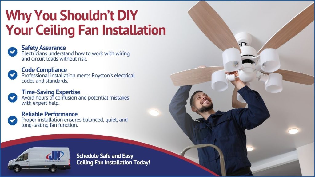 This is an image of an electrician installing a ceiling fan. The headline reads why you shouldn't DIY your ceiling fan installation?