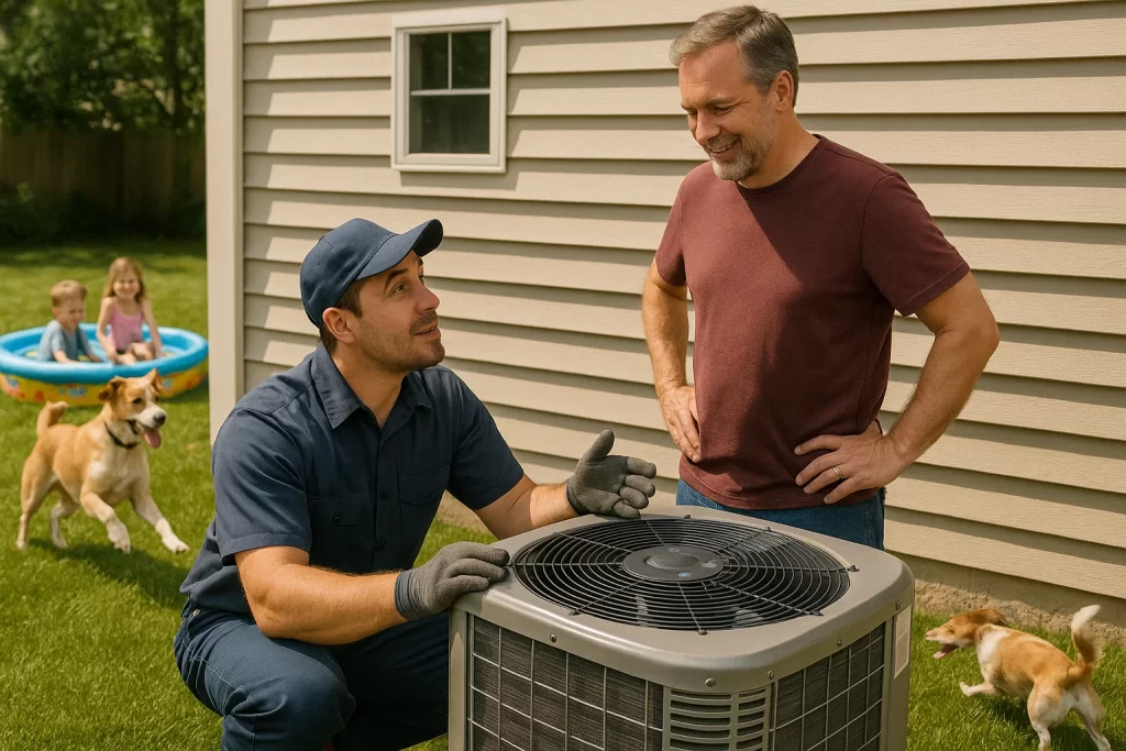 Technician showing clean condenser coils to dad outdoors during tune-up