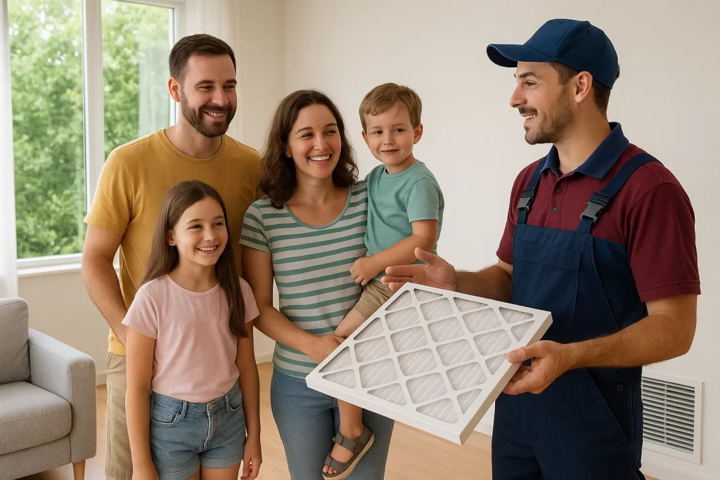 Homeowner learning about changing air filter from technician in clean, airy living room
