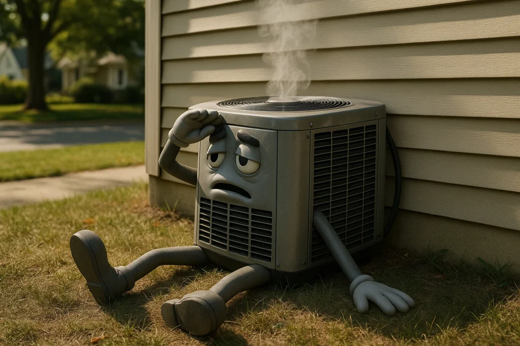 A Pixar style cartoon AC unit sits exhausted on the side of residential home with slight bit of smoke coming out of the top of him.