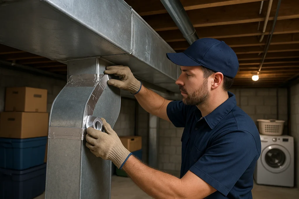 An HVAC tech sealing ductwork in a basement.