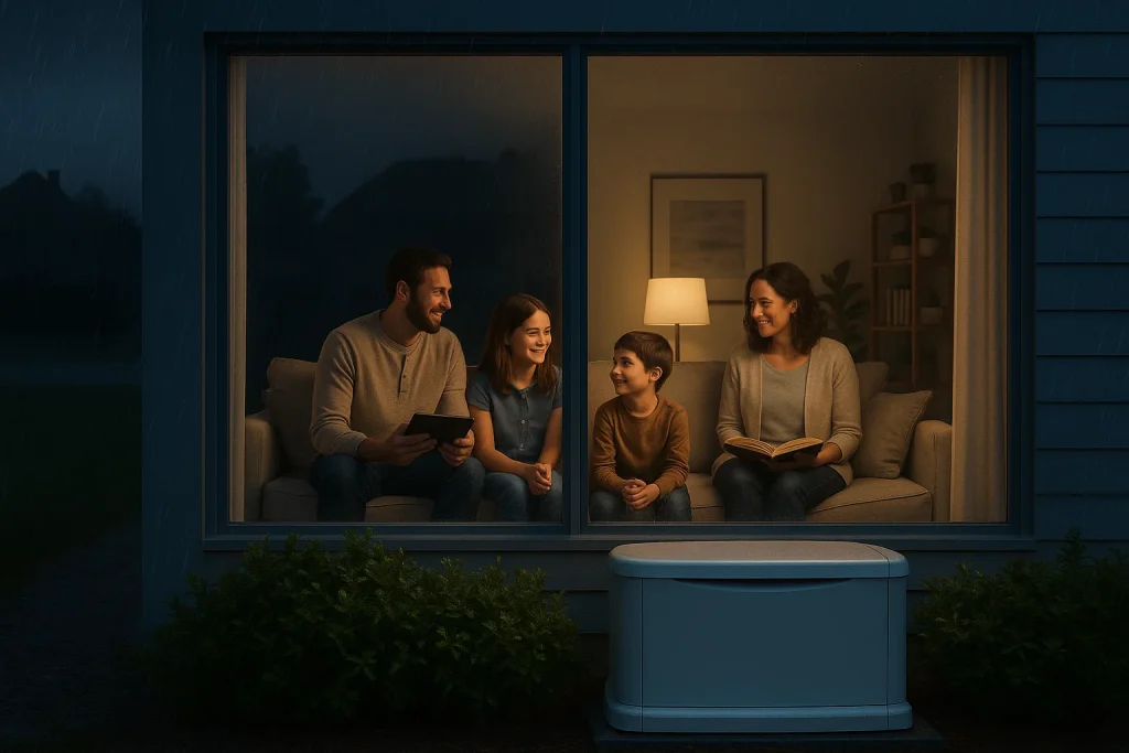 Family inside lit home during neighborhood power outage