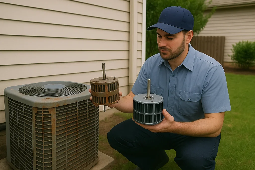 Technician compares old worn AC unit part with new replacement part beside outdoor unit
