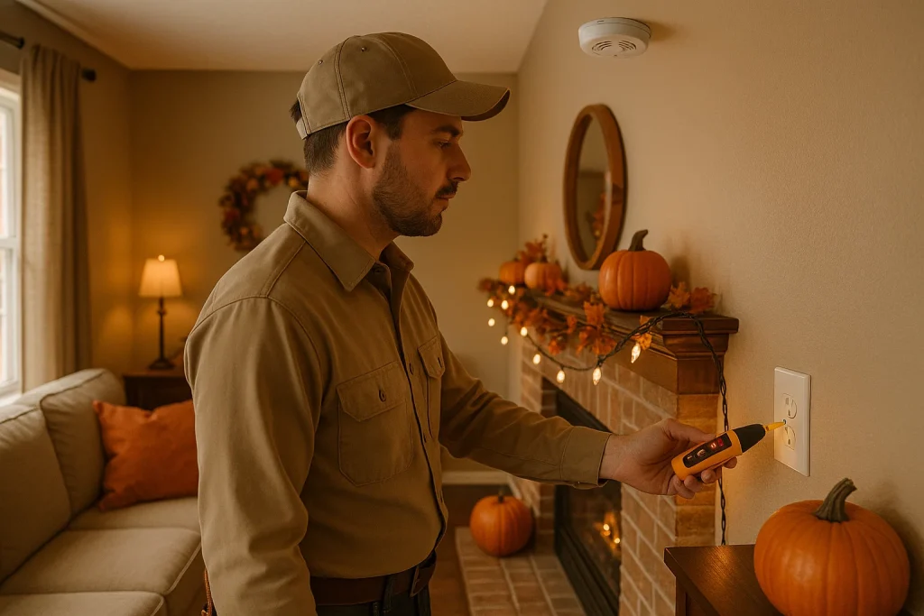 Electrician tests outlet during fall electrical inspection in Bowersville home