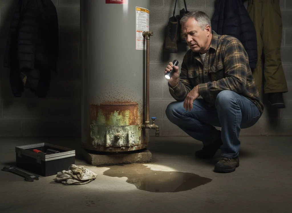 Concerned homeowner inspecting a leaking, rusted water heater in a cold garage