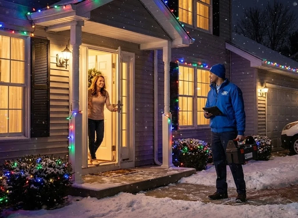 JN Comfort technician arriving for emergency HVAC service at a decorated home during the holidays.