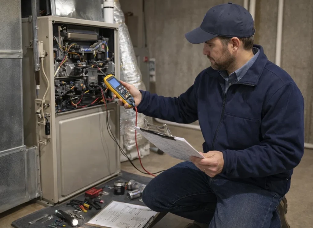 HVAC technician performing a heating system diagnostic with tools and checklist in a basement.
