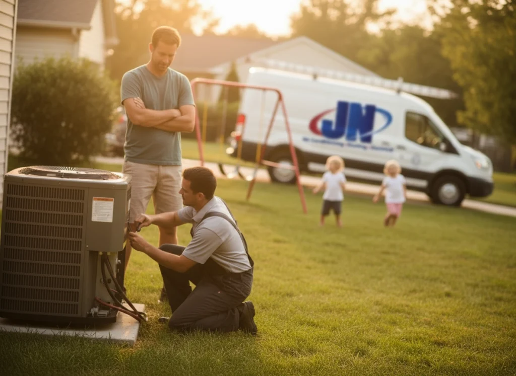An HVAC tech and a homeowner on the side of the house while the HVAC tech services the AC unit.