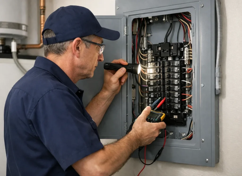 Licensed electrician inspecting residential breaker panel for safety