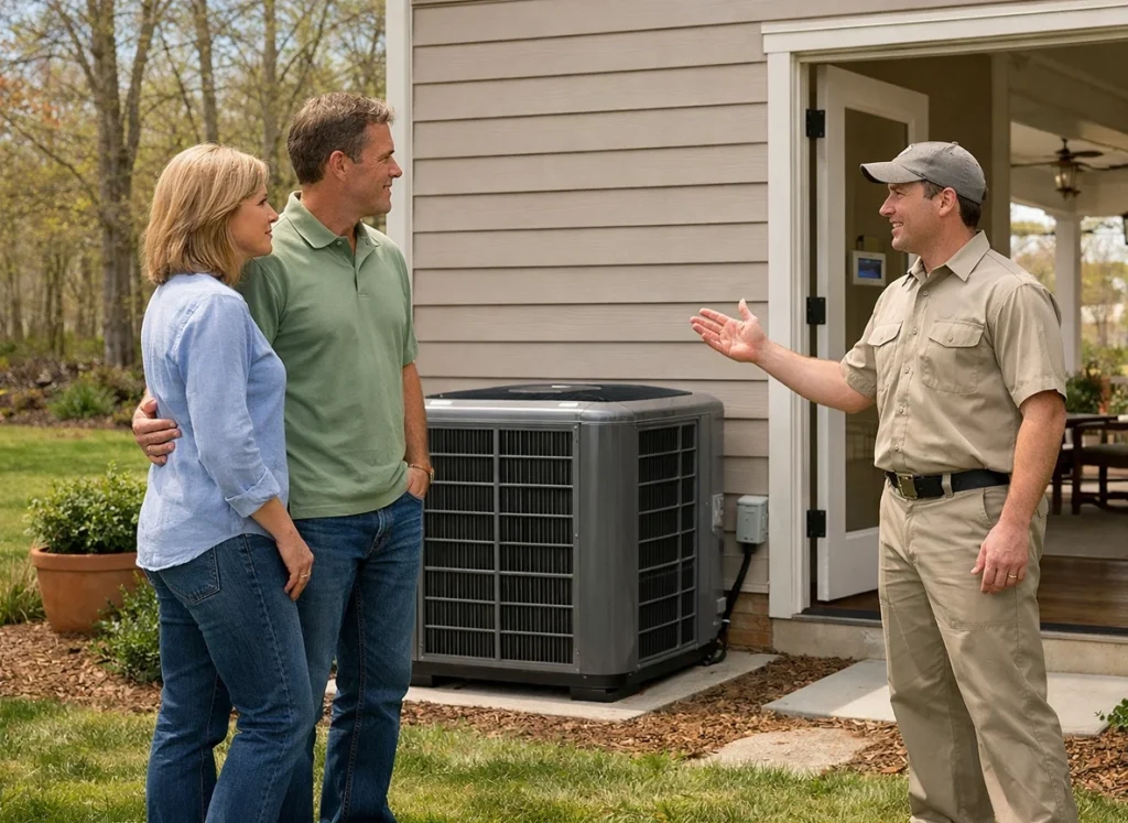 Hart County homeowners reviewing new AC installation with technician