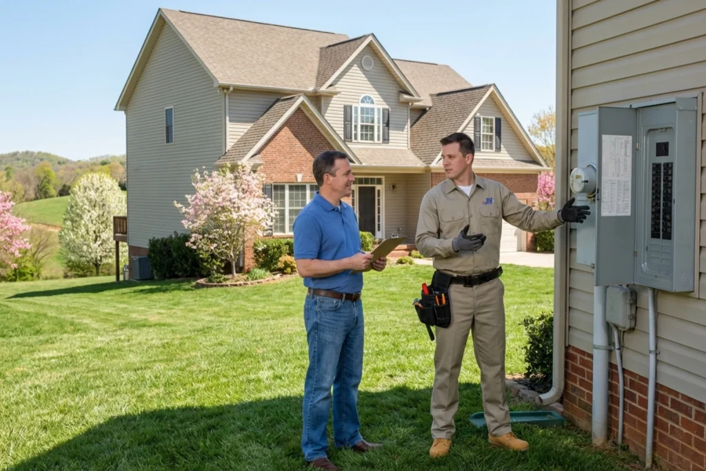Hart County homeowner discussing spring electrical safety with electrician