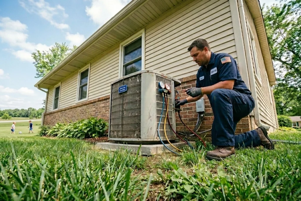 HVAC technician performing spring AC tune-up