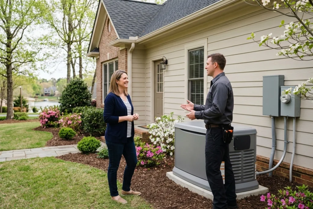 Homeowner discussing whole-house generator upgrade with electrician