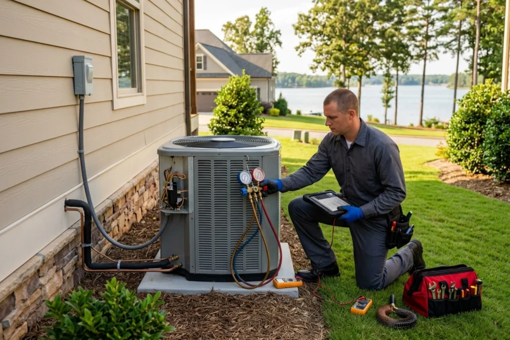 HVAC technician installing high-efficiency AC system