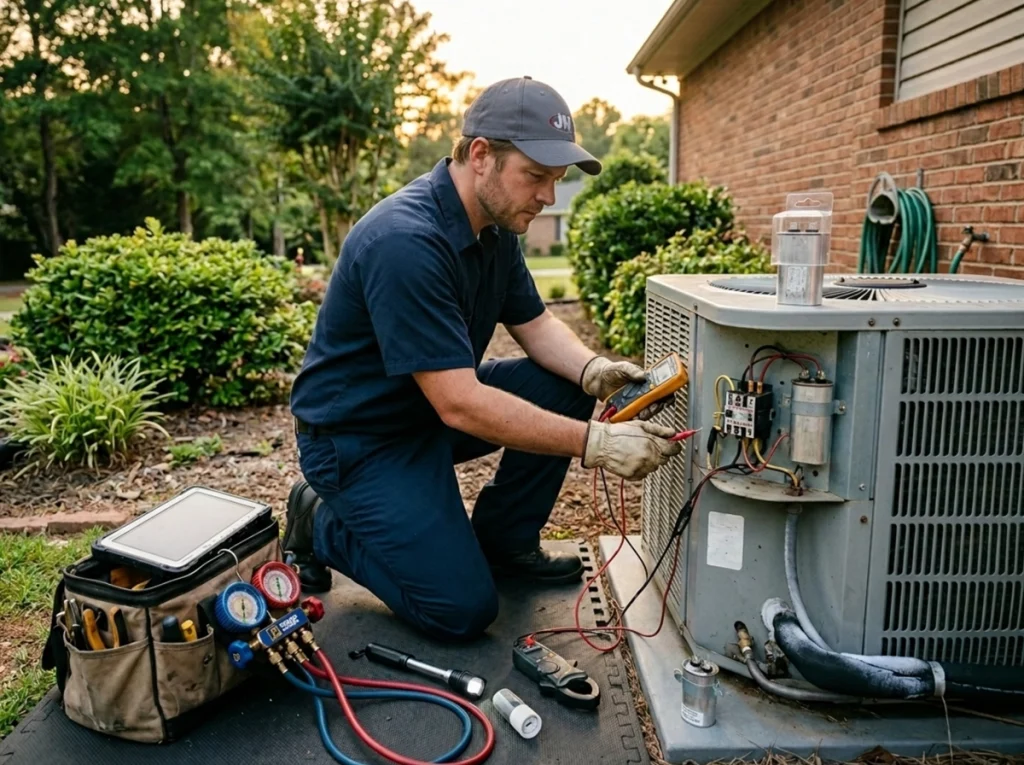 HVAC technician diagnosing fast AC repair on a hot day