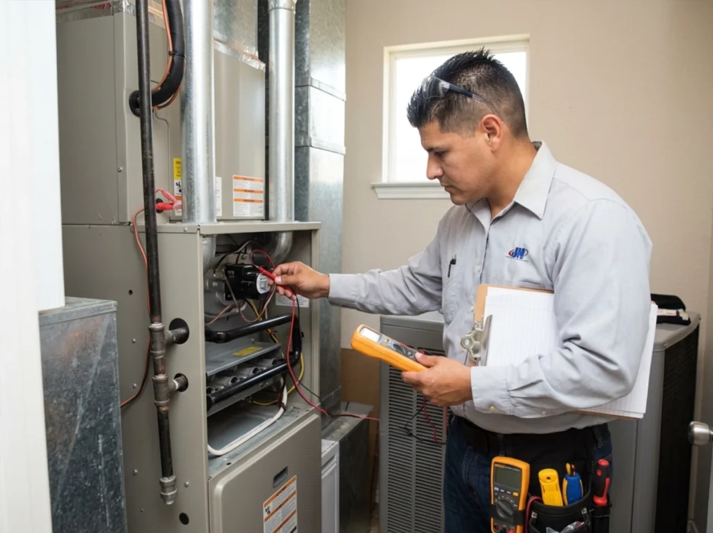HVAC technician performing fall heating maintenance in Hart County home