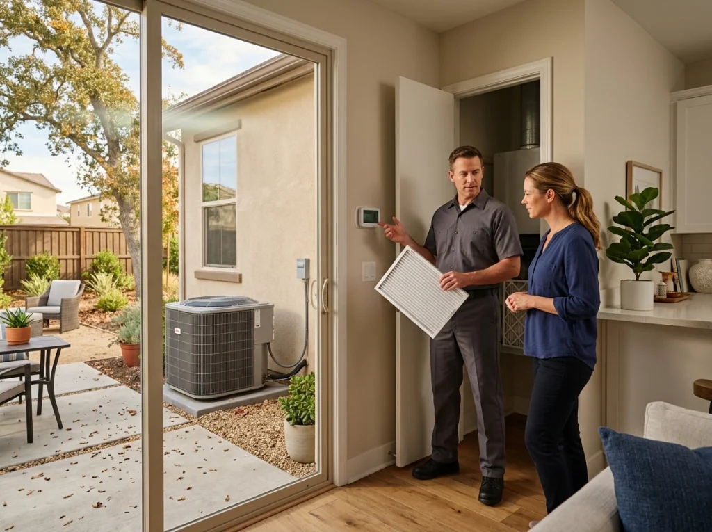 Los Angeles homeowner reviewing an end-of-summer AC check with HVAC technician